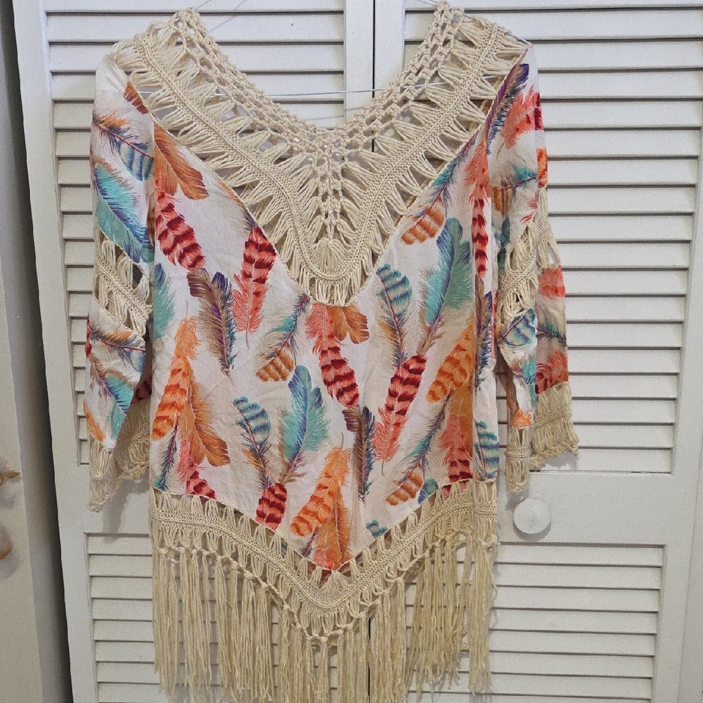 Pink and Blue Asymmetrical Ruffled Blouse with 3/4 Sleeves